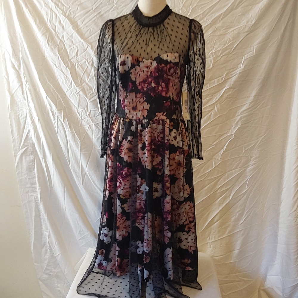 Eliza J Dress Black Pink Red Floral Black Polka Dot Mesh Overlay Long Sleeves 10